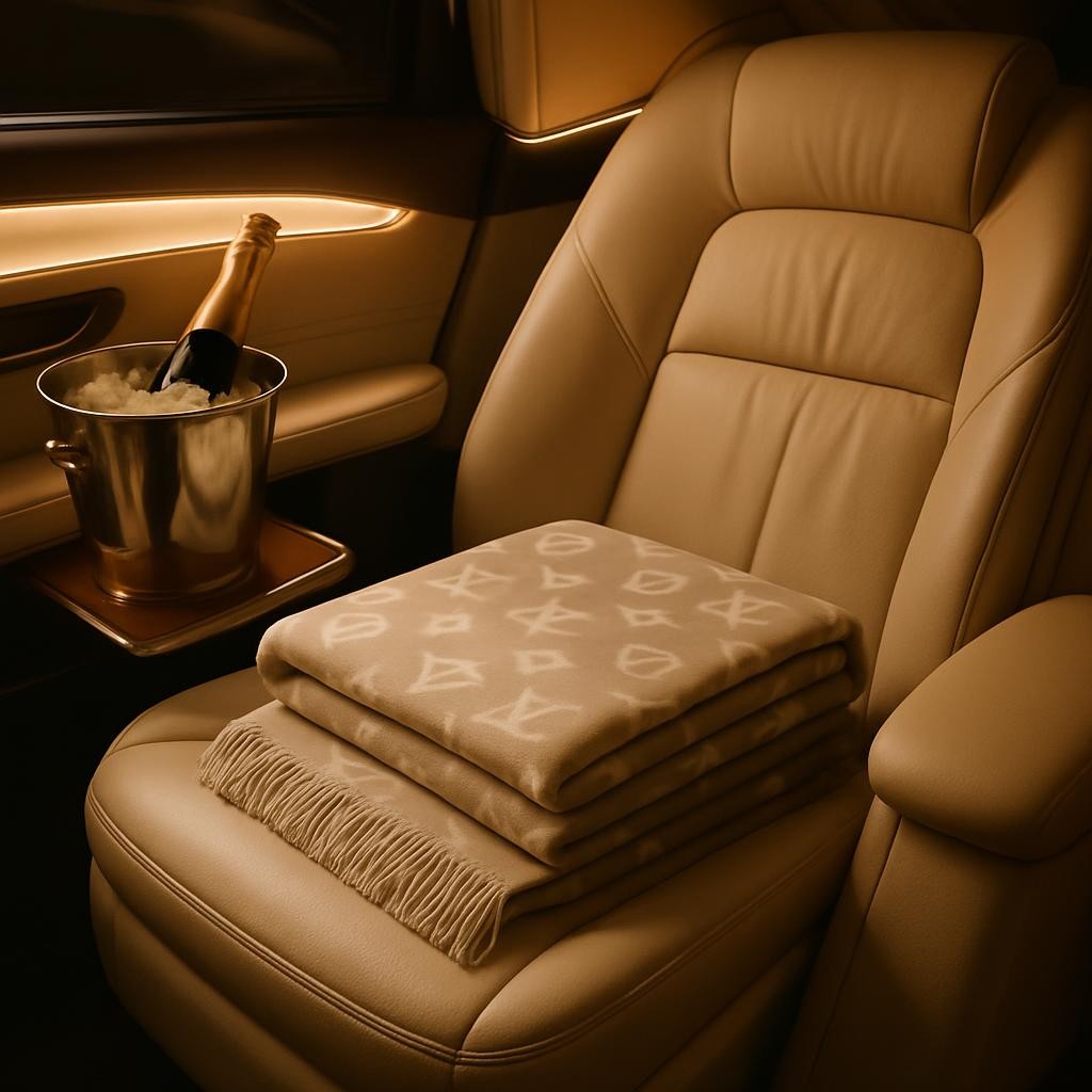 An elegant limousine interior with plush leather seating, soft ambient lighting, and a bucket of champagne on ice, evoking luxury and sophistication.