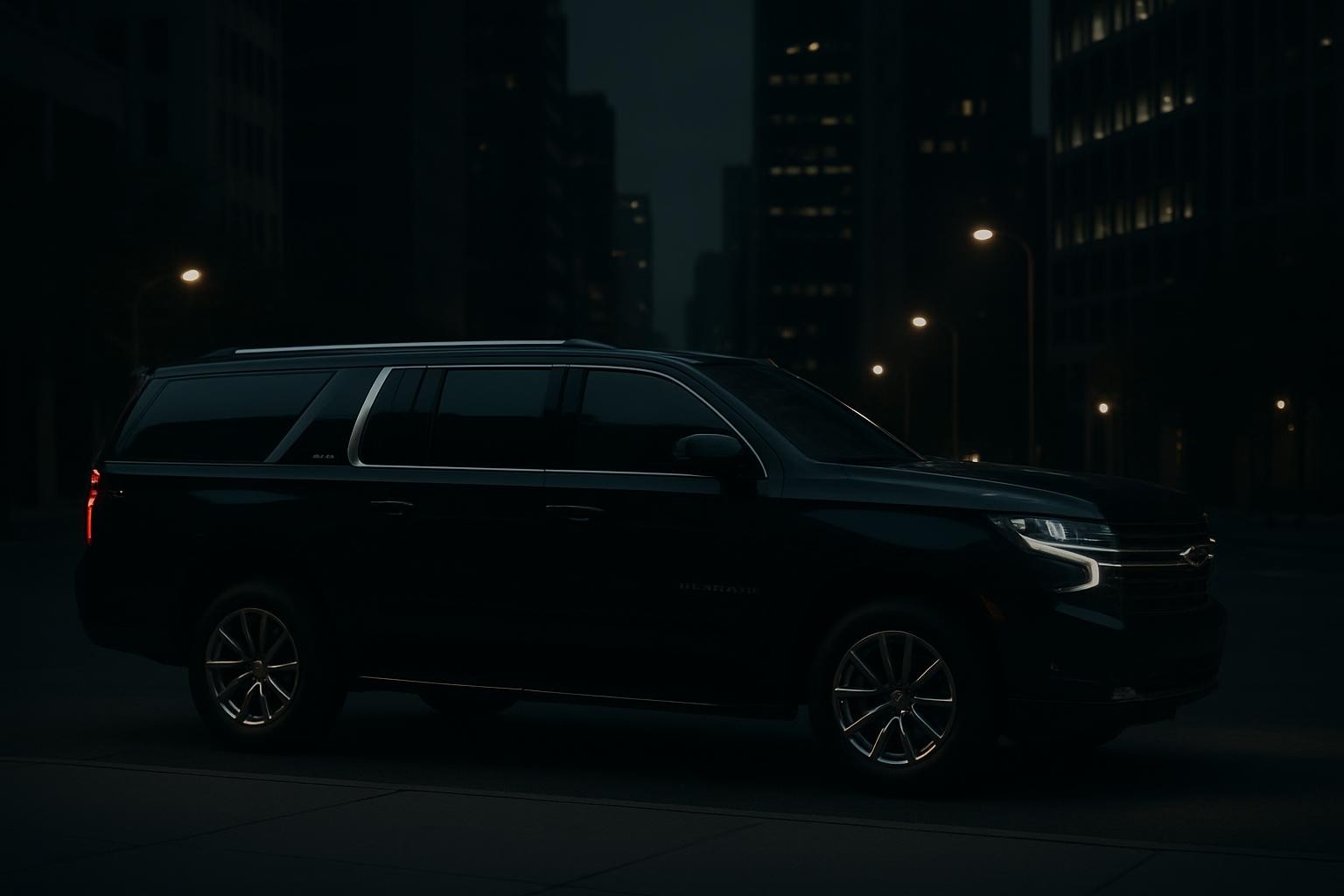 Black Suburban SUV at night in a city, upscale and luxurious, dramatic lighting, sophisticated look